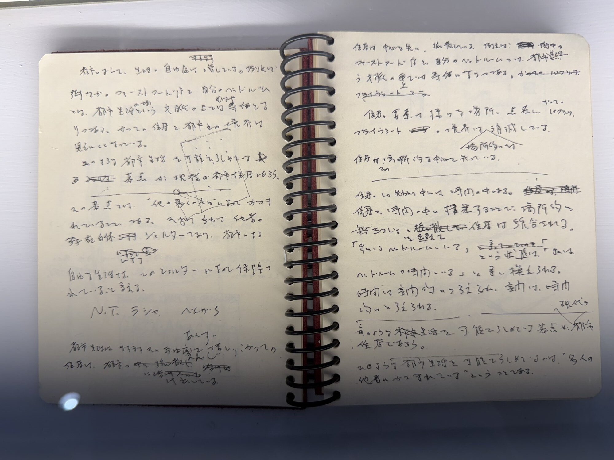 線圈筆記本攤開兩頁全是文字，論住居失去場所的中心